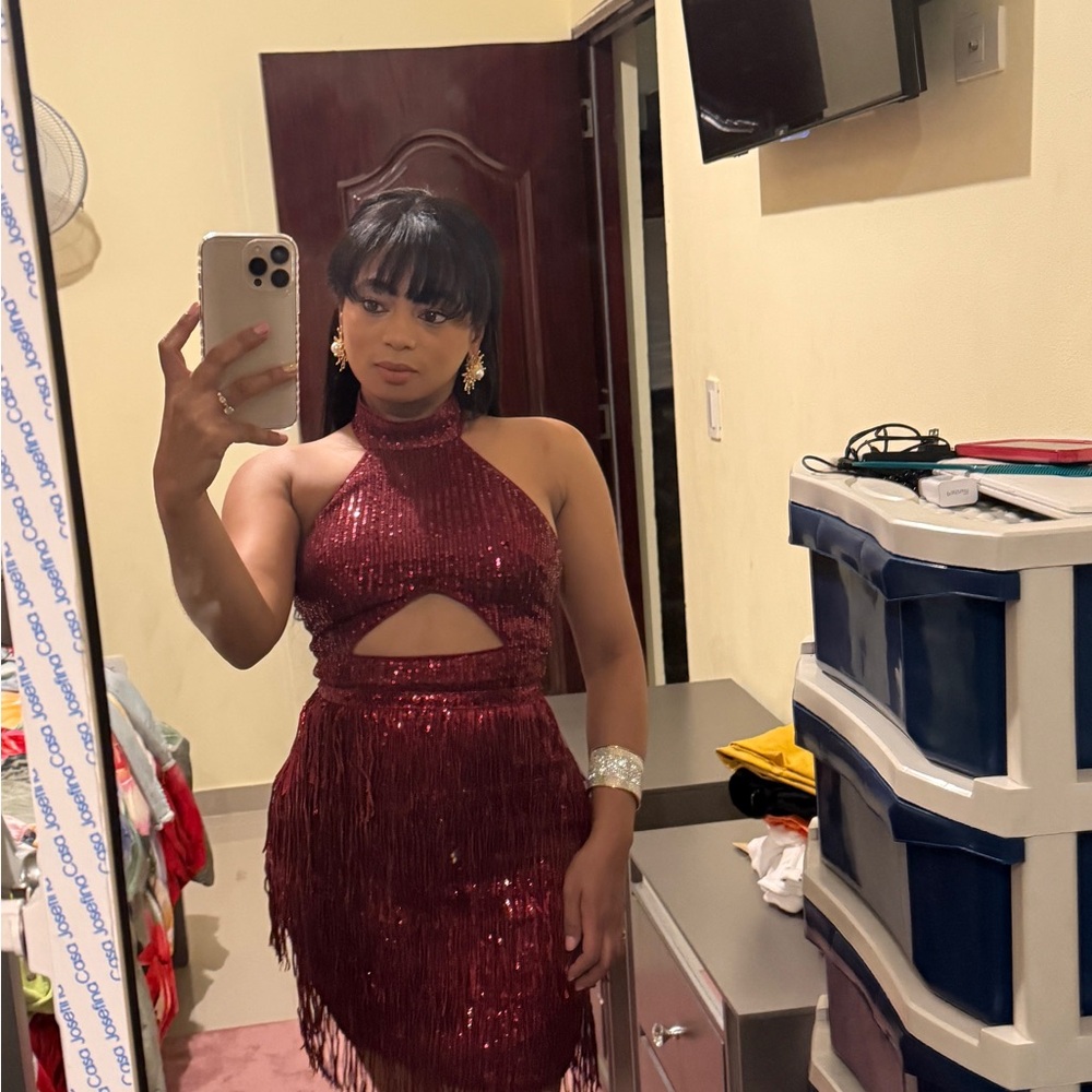 Burgundy Sequin Fringe Halter Dress